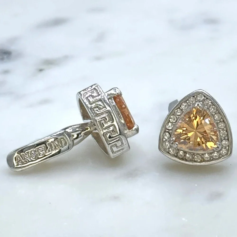 Angelino Silver Tone Orange Rhinestone Meander Border Greek Motif Cufflinks
